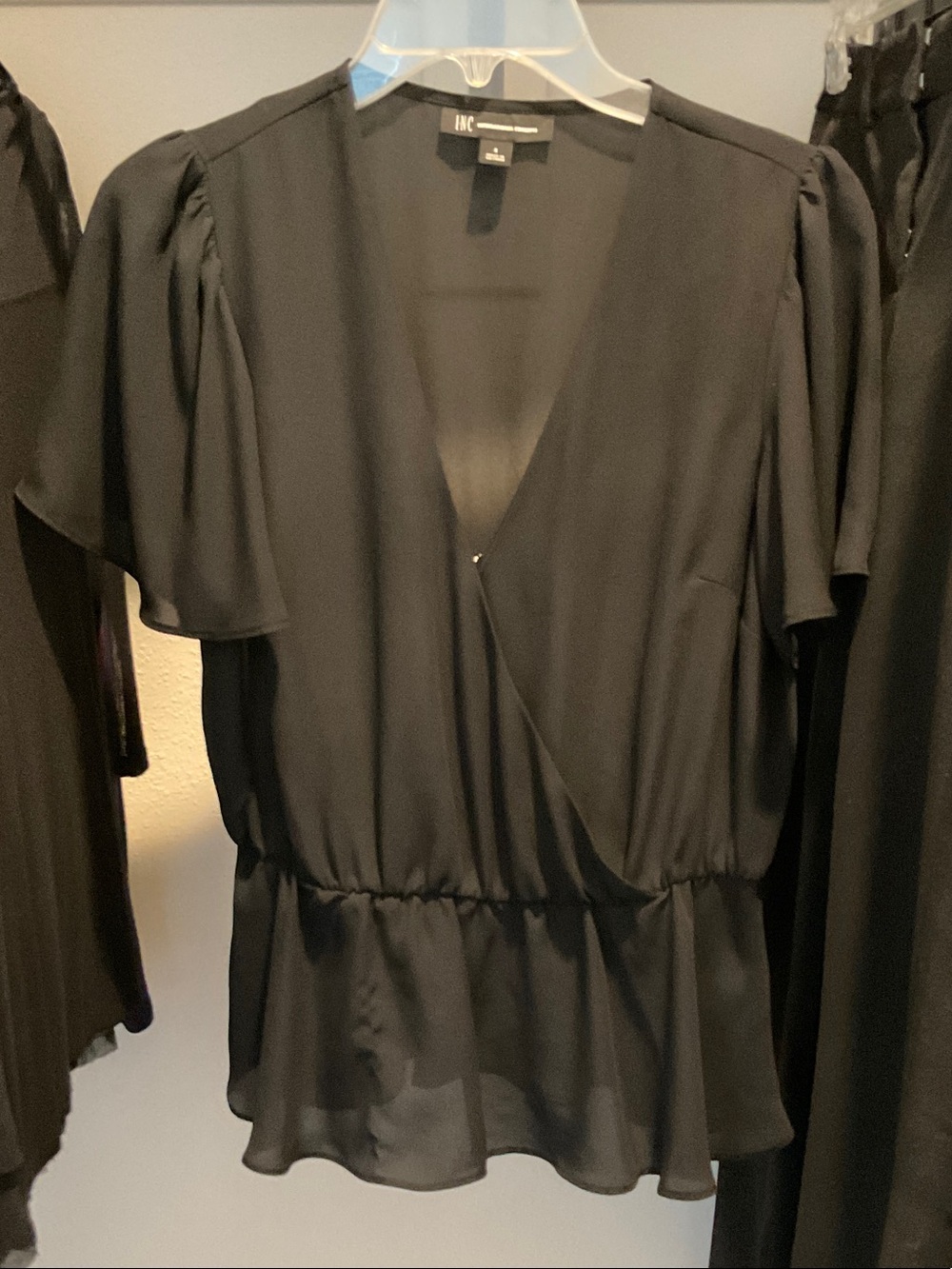 INC International Concepts Black Wrap Peplum Flutter Sleeve Top